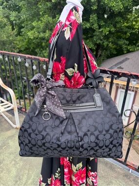 Coach Black Signature Shoulder Tote with Bow Accent